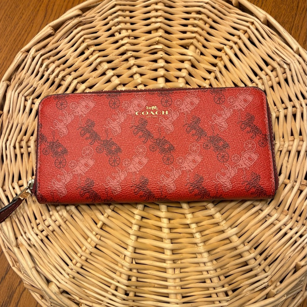 Coach Wallet Bright Red Cherry F87926 Horse & Carriage Accordion Slim Print
